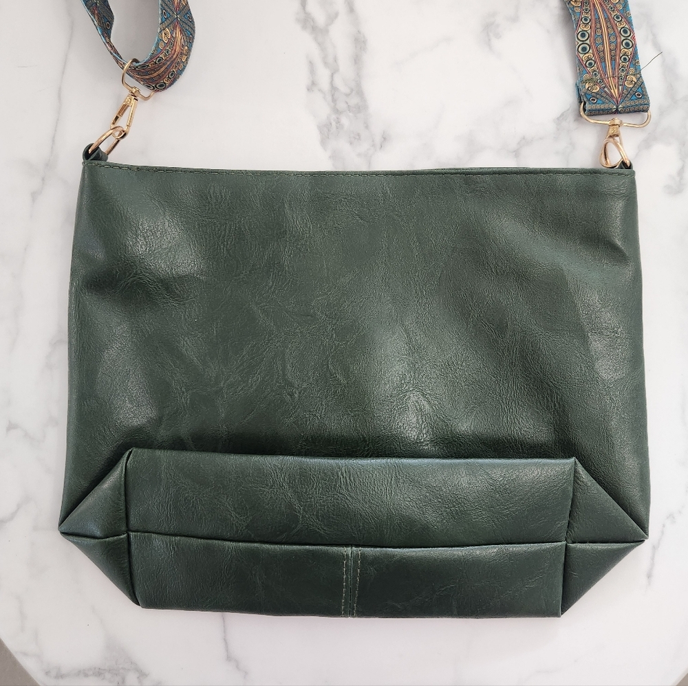 Unisex Army Green Tote Bag with Patterned Boho Strap - Picture 4 of 16